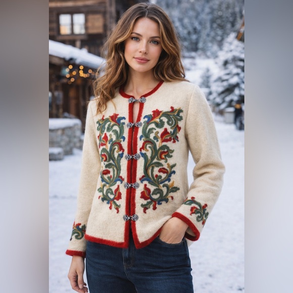 VRIKKE Sweaters - VRIKKE 100% Wool Scandinavian Cardigan M Cream Embroidered Nordic Alpine Sweater